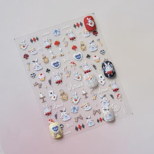 Image of Rabbit Nail Art Stickers Blue Nail Decals Cartoon Nail Stickers for Nails Art Self Adhesive 5D Embossed with Design Easter Nails Charm for Women Manicure Supplies