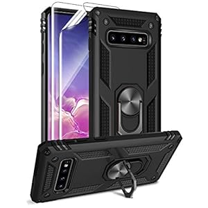 Androgate for Samsung Galaxy S10 Case with HD Screen Protectors, Military-Grade Metal Ring Holder Kickstand 15ft Drop Tested Shockproof Cover Case for Samsung Galaxy S10 (2019) Black