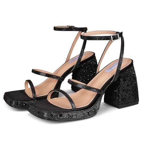 Tscoyuki Platform Heels for Women Sparkly Rhinestone Strappy Heels Sandals Chunky Heel Ankle Strap Square Open Toe Y2K Dress Shoes for Wedding Party Evening Dance