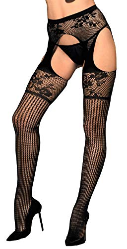 krautwear Damen Strumpfhose Strumpfgürtel Strapsstrumpfhose Ouvert im Sexy Strapse Look aus Spitze Schwarz (004)