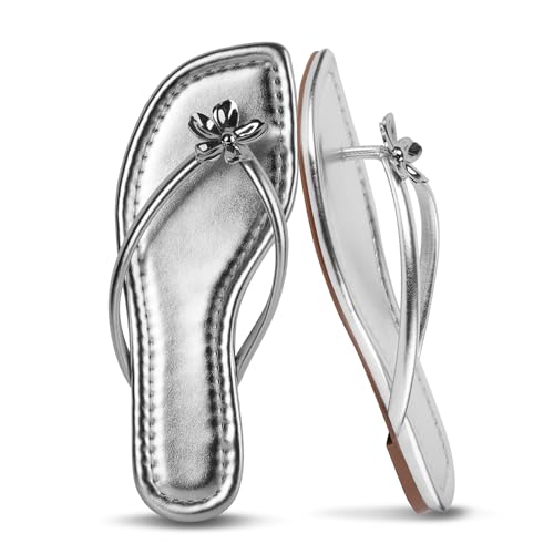 Gothictor Women's Flip Flops Floral Flat Sandals for Women Square Toe Slip on Comfortable Dressy Thong Sandals Beach Wedding Shoes Silver 6 by Gothictor - Used condition - US$40.81