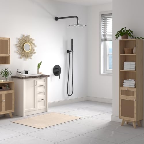 Image of BESy Shower System with 10 Inch Round Rain Shower Head and Handheld Wall Mounted, High Pressure Rainfall Heads Shower Faucet Fixture Combo Set with 2 in 1 Spray Showerhead for Bathroom, Matte Black