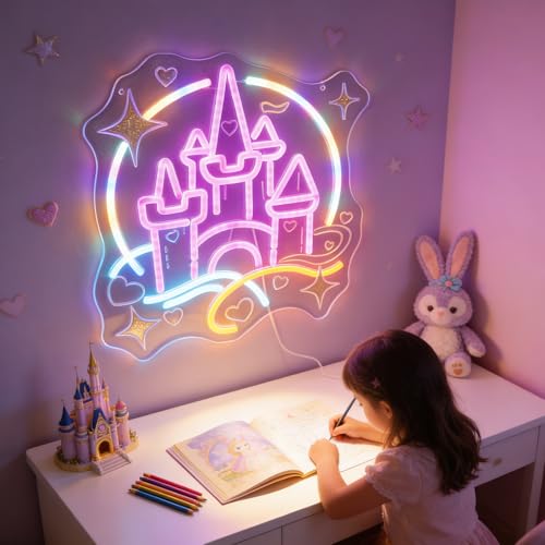 Image of Magic Castle Fairy Tale Neon Light - Princess Pink Blue LED Wall Lamp for Girls Bedroom Decor, Dimmable USB Night Light with Hanging Kit, Enchanted Birthday Party Wall Art Gift for Kids