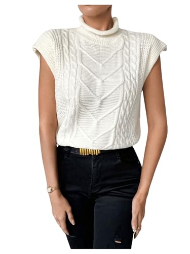 Image of BEAUDRM Women's Textured Mock Neck Sweater Vests Cap Sleeve Cable Knit Sweater Vest Casual Loose Top Knitwear Beige Medium