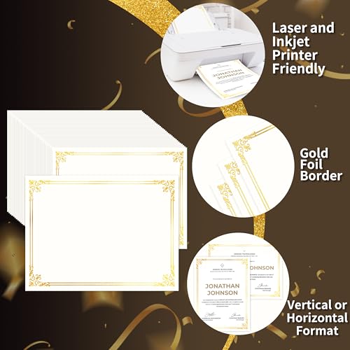 50 Sheets Certificate Paper for Printing,Gold Foil Metallic Border,8.5x11 inch Blank Award Certificate Paper,Laser & Inkjet Printer Compatible,For Office,Business Awards,School Diplomas