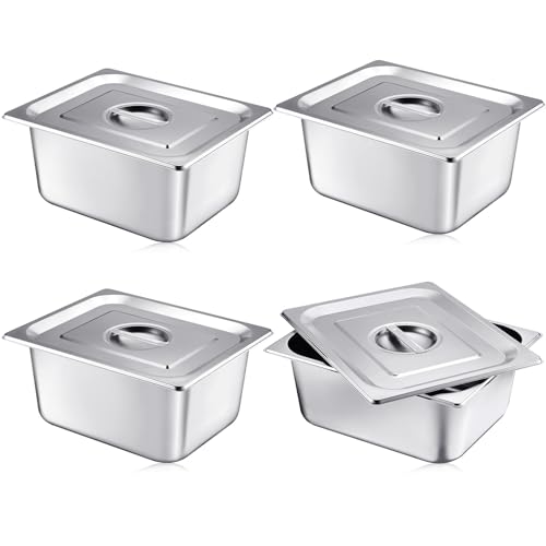 Image of Mifoci 4 Pack Stainless Steam Hotel Pan with Lid, 1 /2 Size x 6 Inch Deep, Reusable Anti Rust Steam Pan for Home, Party, Restaurant, Hotel, Buffet