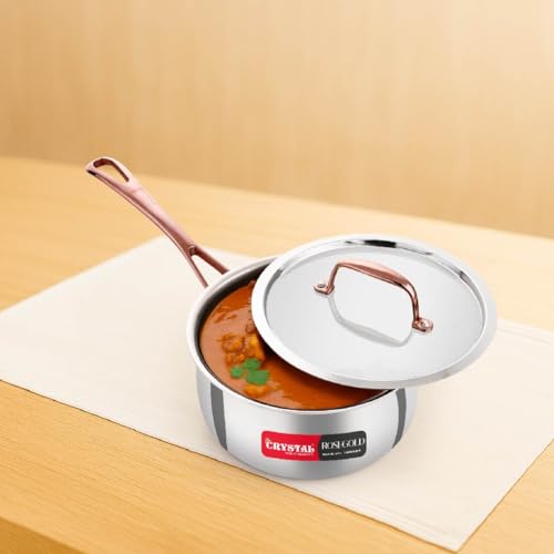 Image of Crystal TriPro -Triply Stainless Steel Saucepan with Lid - 18 cm (Induction Bottom), with Rose Gold Handle (CTP-SP-003A)