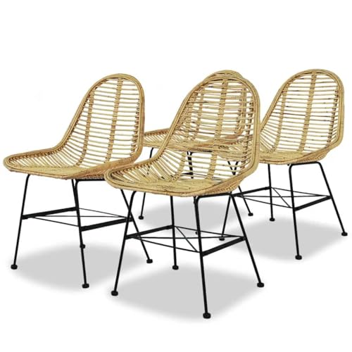 Bendmaxx Juego de 4 sillas de comedor de ratán natural con patas de hierro forjado, 48 x 61 x 85 cm, ergonómicas, para cocina, salón, comedor, restaurante, cafetería