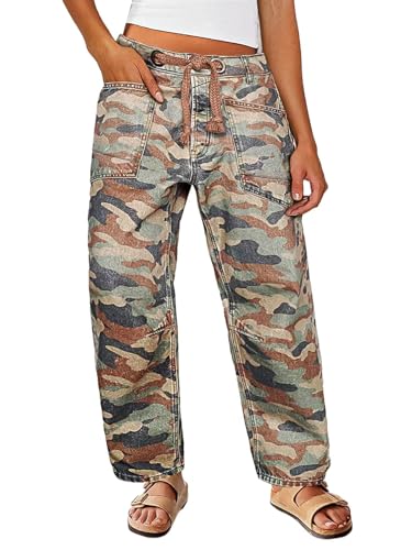 Flamingals Wide Leg Mid Waist Causal Baggy Barrel Jeans for Women Drawstring Eyelet Waist Denim Pants