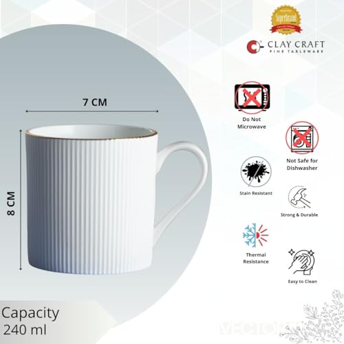 Image of Clay Craft Premium Fine Ceramic Coffee & Tea Mug Set with Elegant Gold Line Rim| Modern Ribbed White Finish| Durable Build| Stylish Design for Home| Office & Gifting (240 Ml)