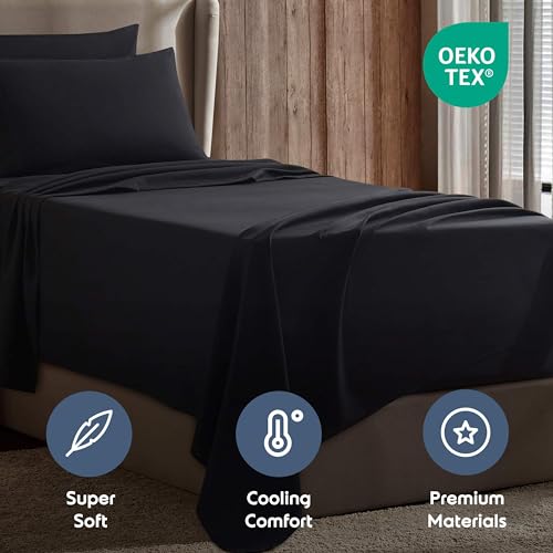 Image of Nestl Twin Bed Sheet Set - Black - 3-Piece Deep Pocket | Instantly Soft, Night-One Ready (No Wash Required). Fits 16-Inch Deep Pockets, 360-Degree Elastic Grip