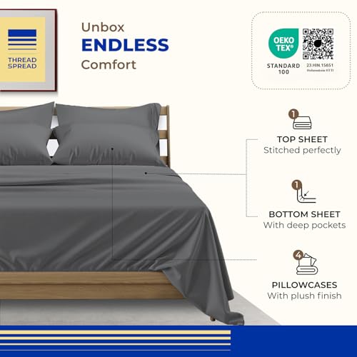 Image of THREAD SPREAD Egyptian Cotton Sheets King Size - 1000 Series High Thread Count Cotton King Size Sheets Set (6 PC, Dark Grey), 16 inch Snug Fit Deep Pocket, Sateen Weave Ultra-Soft Hotel Luxury Sheet Set