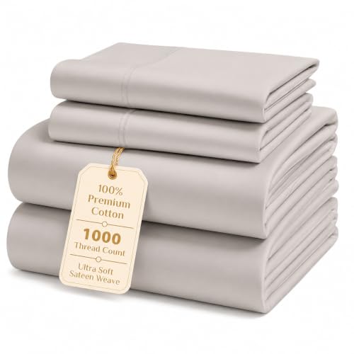 Image of King Size Sheets, 1000 Thread Count 100% Cotton 4-Piece Bed Sheet Set, 16-Inch Deep Pocket, Soft Breathable Cooling Sateen Hotel Bedding, Ivory
