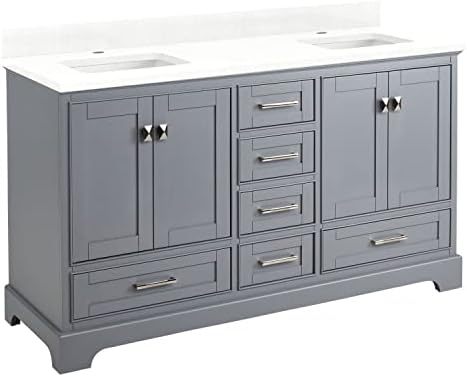 Signature Hardware 480719 Quen 60" Free Standing Double Vanity Set with Wood Cabinet, Vanity Top and Rectangular Undermount Vitreous China Sink - Single Faucet Hole - Gray/Feathered White