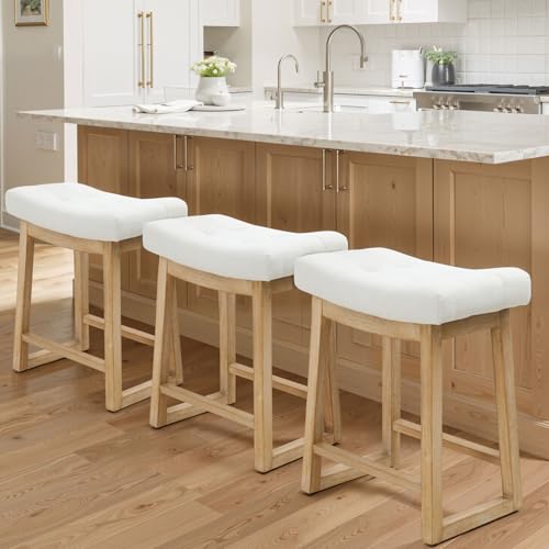 Image of Counter Height Bar Stools Set of 3, 24 Inch Backless Upholstered Counter Stools with Solid Rubberwood Legs, Modern Farmhouse Saddle Stools for Kitchen Island, Home Bar, Ivory Linen Fabric