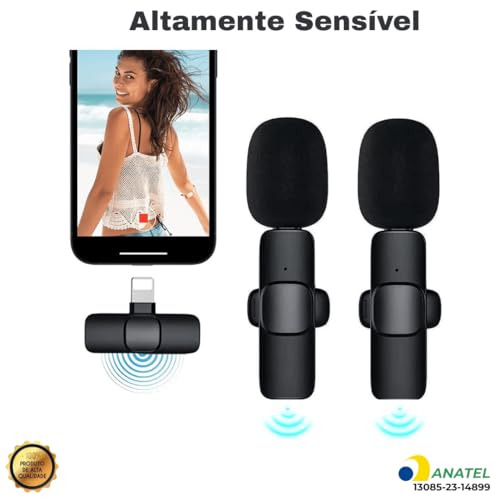 Microfone de Lapela Sem Fio, Transmissor para 2 Microfones, Compatível para iPhone, Redução de Ruído