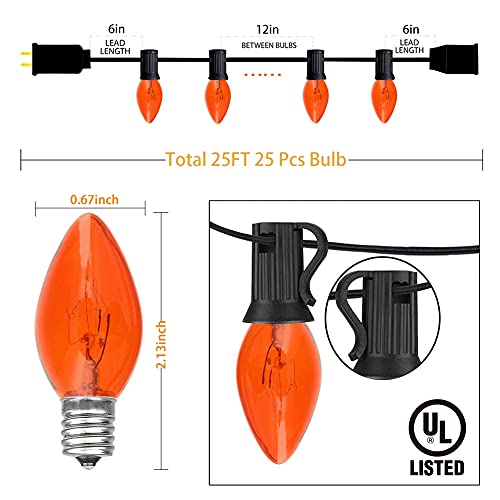 Image of GOOTHY Halloween Orange String Lights Outdoor, 25Ft C7 Halloween Decorations Lights with 27 Clear Orange Bulbs (2 Spare), Waterproof Vintage Christmas Lights for Patio Party Holiday Garden- Black