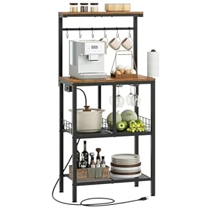 Bakers Rack with Power Outlet, 4-Tier Microwave Stand, Coffee Bar Table with Wine Glass Holder and Paper Holder, Kitchen Storage Rack for Dining Room, Living Room, Rustic Brown HB02UBR