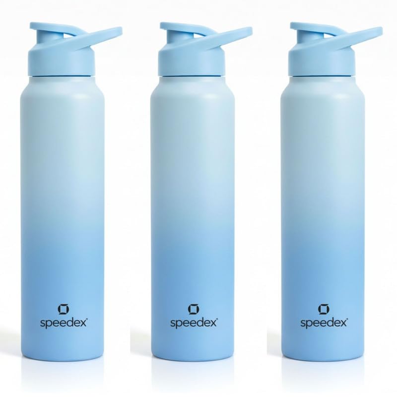 Image of Speedex Stainless Steel Water Bottle 1 Ltr, Leak Proof Sipper Cap, BIS Approved 1000 ml Metal Bottle For Daily, Office, School, Gym, Travel Use for Men, Women, Kids, Adults, Dual Blue, Set of 3