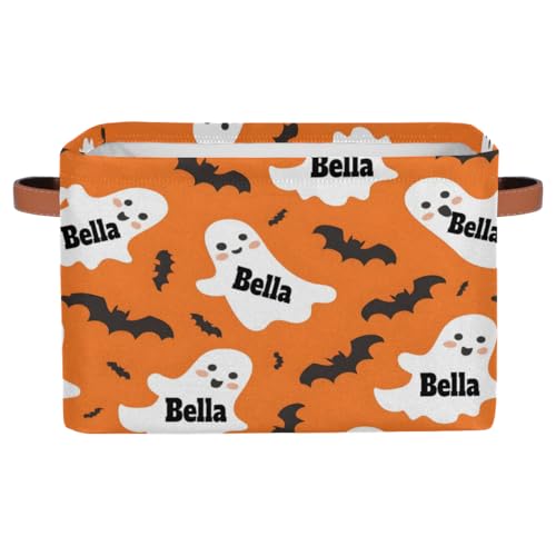 KFNHN Personalized Storage Basket with Name, Halloween Ghost with Bat Orange Background Rectangle Toys Pet Dog Storage Bin with Handles for Baby, Boys, Girls, Collapsible Basket for Clothes, Books