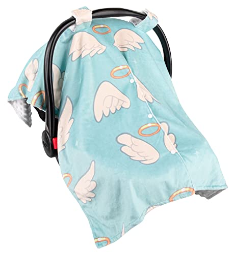 Image of Top Tots Deluxe Minky Baby Car Seat Cover - Angel Wings, 40 x 29 Inch White
