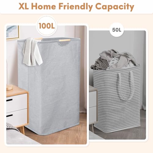 Zivacate 100L cesta de ropa, lavadero con mango de madera, cesta de lavandería plegable, gran colector de lavandería gris, lavadoras para dormitorio, baño dormitorio 74x41x33cm - imagen 2