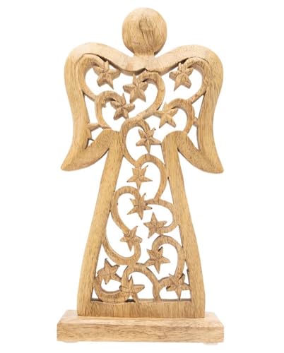 Image of Boston International Christmas Statue Tabletop Figurine Winter Holiday Decorations for Home, 10.5 inch, Wood Carved Angel