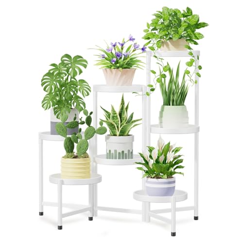 Image of iDavosic.ly 7 Tier Large Plant Stand Indoor, 10 Inch Wide Tall Corner Metal Plant Stands Outdoor for Multiple Plants, Folding Tiered Flower Display Holder Rack Shelf, White