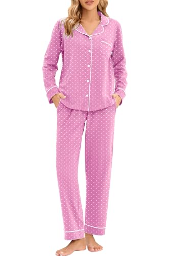 Image of LUBOT 100% Cotton Pajamas for Women Pajama Set Soft 2 Piece Sleepwear PJ Set Long Sleeve Knit Button Cozy Loungewear XS-XXL