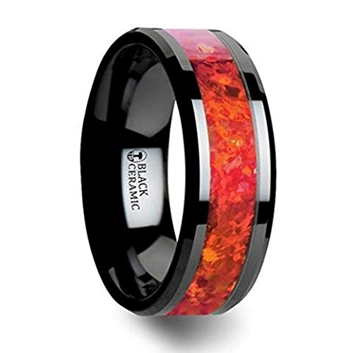Thorsten NOVA Black Ceramic Wedding Band with Beveled Edges Ring and Red Opal Inlay 8mm Wide with Custom Inside Engraved Personalized