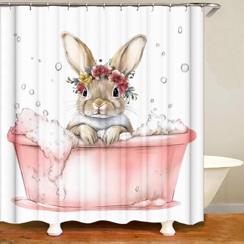 AIXMJZQ Easter Shower Curtain Spring Bunny Pink Bathtub Shower Curtain Bathroom Decor Waterproof Fabric 72 x 72 Inches with 12 Hooks