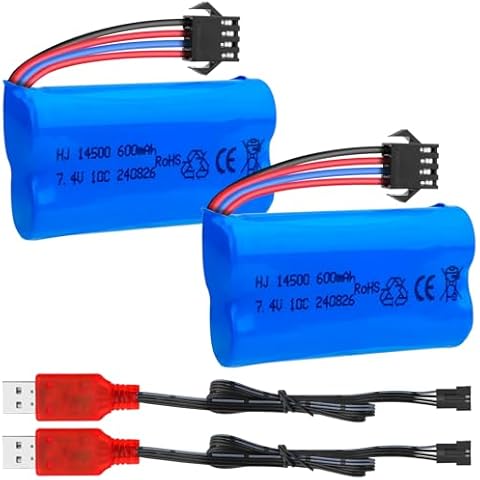 Crazepony 7.4V Li-ion Battery 600mAh 2S Rechargeable Battery with SM-4P Plug and Charger Cable for Gel Blaster Accessories for Remote Control RC Boat Car - 2 Pack Cover