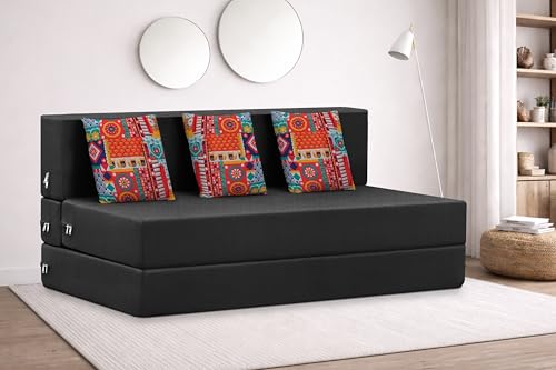 Image of Rosebell Three Seater Foldable Sofa Cum Bed (5x6 Feet) ? Jute Fabric, Washable Removable Cover, Includes Cushion | Space Saving Convertible Sofa Bed for Home, Office & Guests - Black