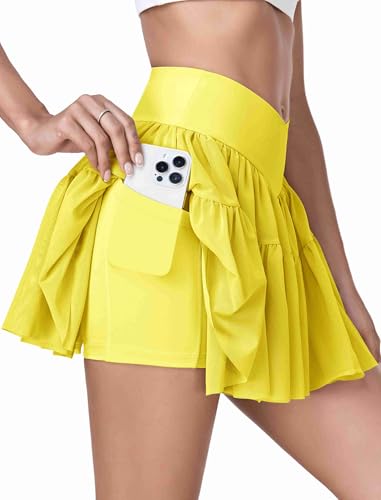 IDOPIP Tennisrock Damen Faltenrock Crossover Skort mit Hose Drunter Hohe Taille Golfrock Skirt Sport Rock Sommerrock Hosenrock Workout Minirock F�r Sport Radfahren Wandern Laufen Yoga gelb S