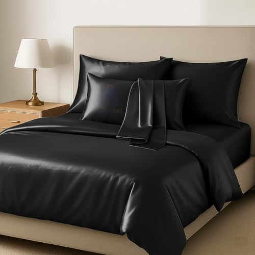 Image of Satin Pillow Covers for Hair and Skin Set of 2 with 5 Scrunchies I Satin Pillow case I Silk Pillow Cover I Silk Pillow case I Women Gift Items (Black)