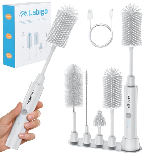 Image of LABIGO Electric Bottle Brush Cleaner Set, Baby Bottle & Coffee Cup Cleaner, 4 Replaceable Brush Heads, IPX7 Waterproof, 2 Adjustable Speeds, White Plastic Handle with Nylon/Silicone Bristles