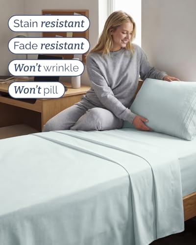 Image of Twin XL 4 Piece Sheet Set - College Dorm Room Essentials - Ice Blue | Ultra Soft Dorm Bedding Set, 8 inch to 16 inch Inch Deep Pockets, 1 Flat & 1 Fitted Sheet & 2 Pillowcases, Wrinkle & Fade Free