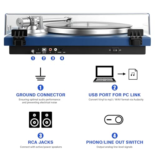 Image of Belt Drive Turntable for Vinyl Record Player, Bluetooth Output, Built-in Phono Preamp, USB Digital Output, Magnetic Cartridge, 33 /45 RPM, Wood Design, No Built-in Speakers(Blue)