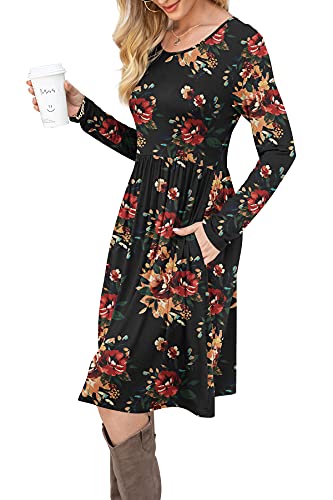 DB MOON Women Casual Long Sleeve Dresses Empire Waist Knee Length Loose Dress with Pockets3