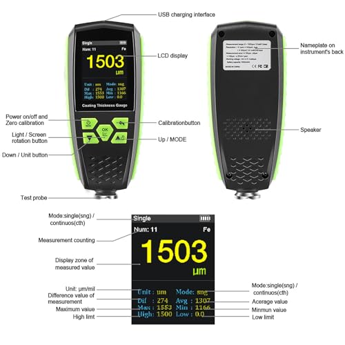 Medidor Digital de Espesor de Pintura, Calibrador para Acero y Aluminio, Rango de Medición 0-1300 μm y Resolución 0,1 μm, Pantalla LCD, para Trabajo en Metales miniatura 6