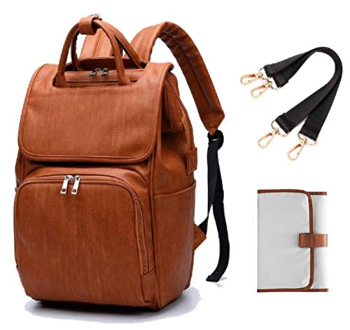 Baby diaper bag backpack. PU Leather diaper bag for baby girls, boys or twins. Ideal maternity baby bag for moms, dads. Good travel bag. Has stroller straps, nappy changing pad. Waterproof