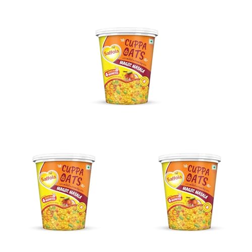 Image of Saffola Cuppa Oats, Magic Masala | Tasty Mazedaar Snack | Just add hot water | Goodness of Jowar & Veggies | No Maida, No Added Preservatives | Helps Manage Weight | 52g (Pack of 3)