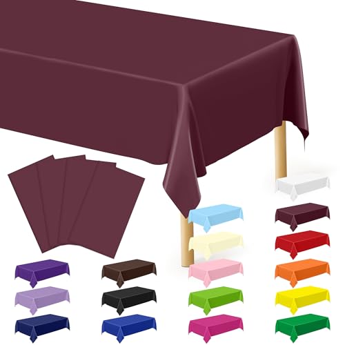 Image of 4 PCS Wine Table Cloth Rectangle Table, 54 x 108 Inches Waterproof Plastic Table Cloth Disposable, Picnic Table Cover for Baptism, Picnic, Restaurant, Wedding decor, Fits Rectangle and Round Tables