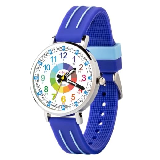 KIDDUS Lern Armbanduhr für Kinder, Jungen und Mädchen. Analoge Armbanduhr mit Zeitlernübungen, japanischen Quarzwerk, gut lesbar, um ganz leicht zu Lernen, die Uhr zu lesen. KI10305 Griffe