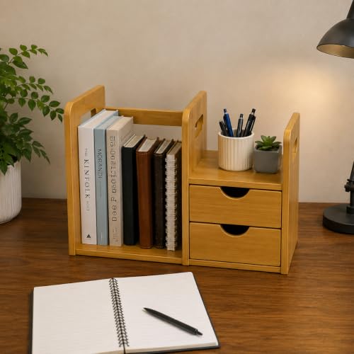 Image of Expandable Wooden Desk Organizer with 2 Drawers Adjustable Desktop Bookshelf Office Desk Storage Rack Study Table File Holder Stationery Organizer Engineered Wood Brown