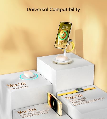 Image of XooFly 3 in 1 Magnetic Wireless Charging Station for Apple Devices,15W | Fast Charging Phone Charger Stand for Magsafe-enabled iPhone 17 16 15 14 13 12 Series, Apple Watch Ultra Airpod Pro, Gold