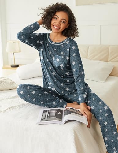 Image of Ekouaer 2 Pack Womens Pajama Sets Long Sleeve Lounge Sets Soft Pj Sleepwear Loungewear