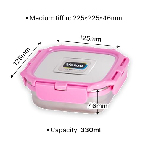 Image of Veigo Original Stainless Steel Medium Snack Box (300 ml), Airtight & Leakproof, Freezer & Dishwasher Safe, Snacks Box for School, Silicone Ring & Polymer Frame, Safe Lid Lock, Pink