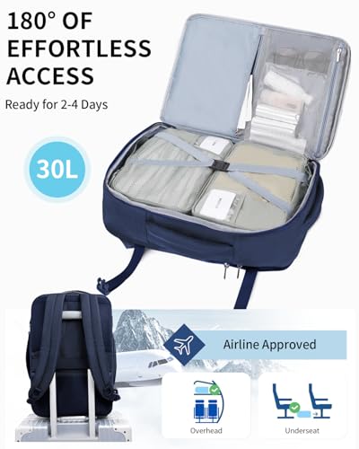 Image of ECOHUB Carry On Travel Backpack, Expandable Airlines Personal Item Bag 18x14x8, Water Resistant 17 inch Laptop Backpack Flight Approved, 12 Pockets 30L Work Backpacks with Wet Pocket Cable Slot, Blue