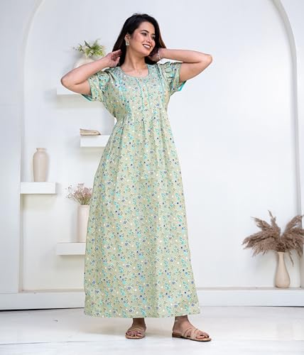 Image of Pure Cotton Designer Nighty for Women | Night Gown | Nightdress | Maxi Nighty | Sleepwear | Jaipuri Nighty | Nighties | Cotton Night Gown for Women /Girls with Belt Pink